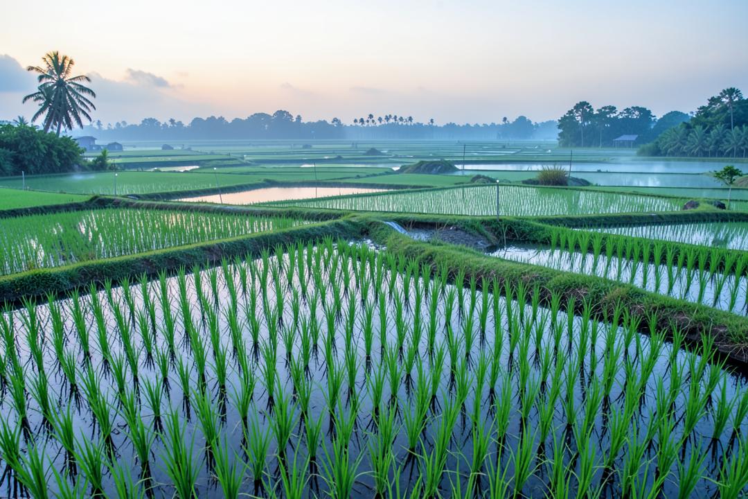 Paddy fields at dawn in South India